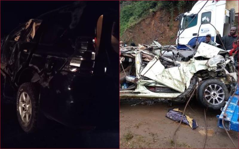 Wreckages of the vehicles involved in a road accident on the Narok-Mai Mahiu Highway.
